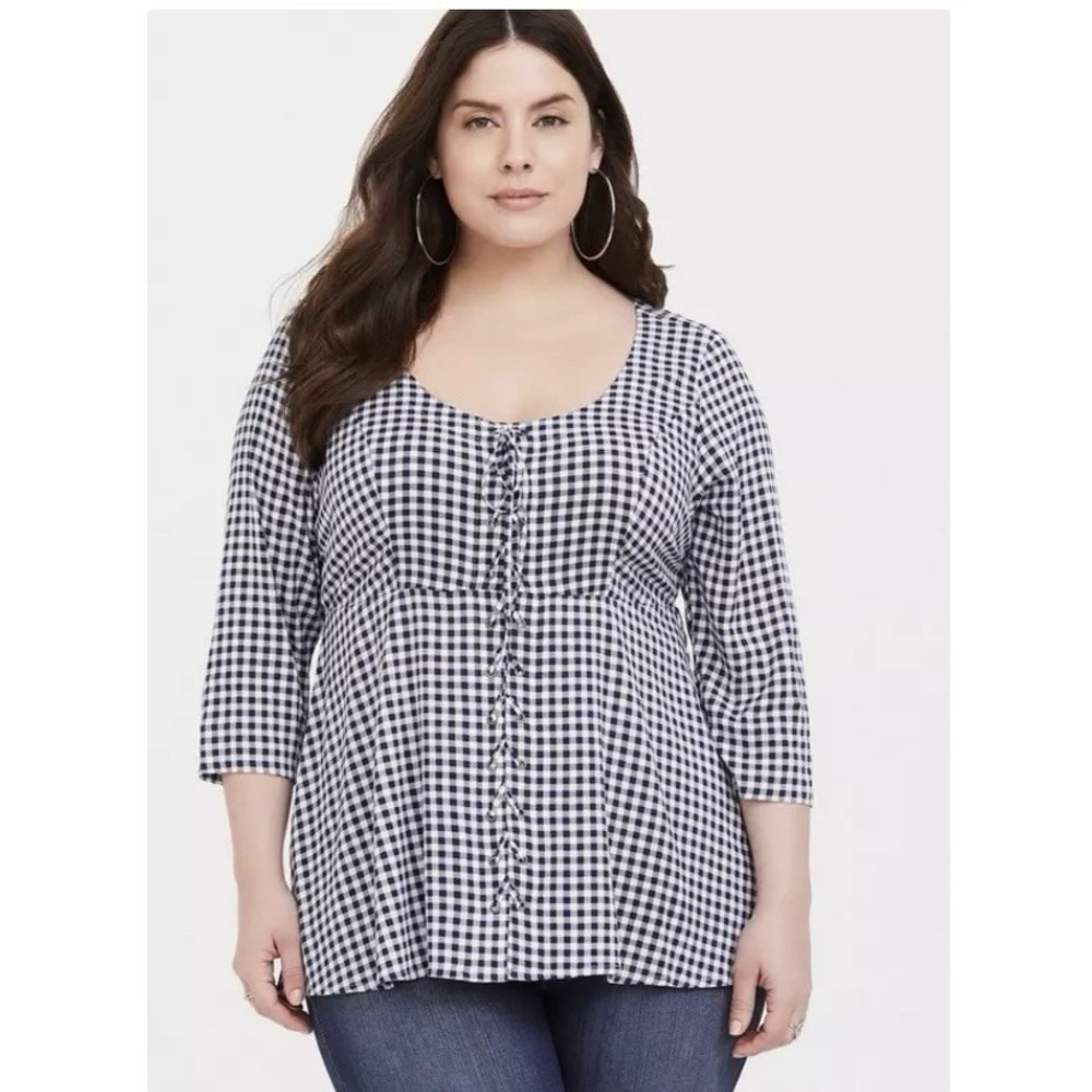 Torrid Navy Blue Gingham Lace Up Grommet Stretch Challis Babydoll Top Size 2X